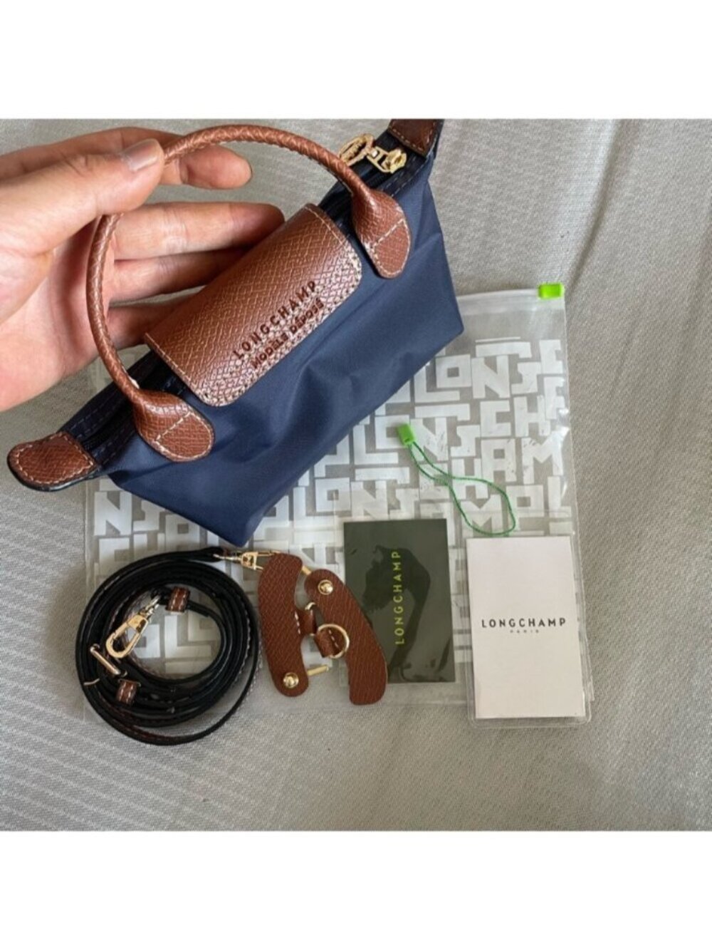 Longchamp navy nylon mini tote with brown leather flap and handle - Picture 4 of 5